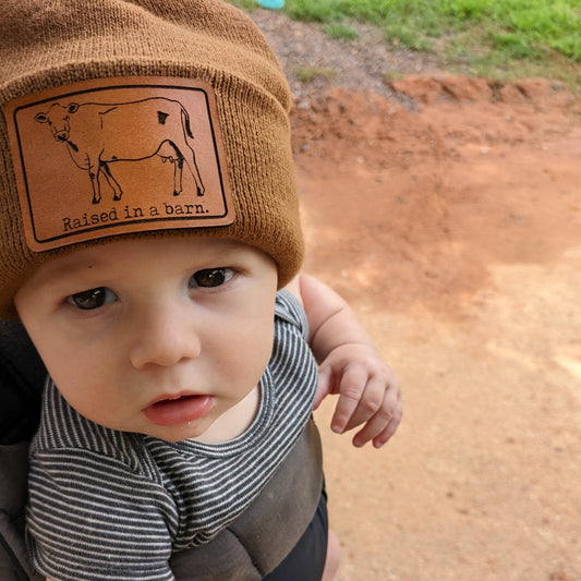 "Raised in a Barn" COW, Farm Life Country Kid Beanie Hat | One Size Fits All | FOUR Color Options