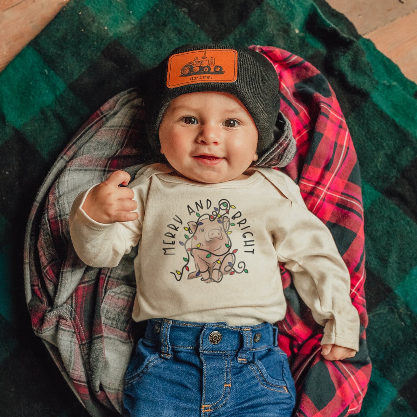 "Merry & Bright" Pig Country Western Farm Baby Body Suit