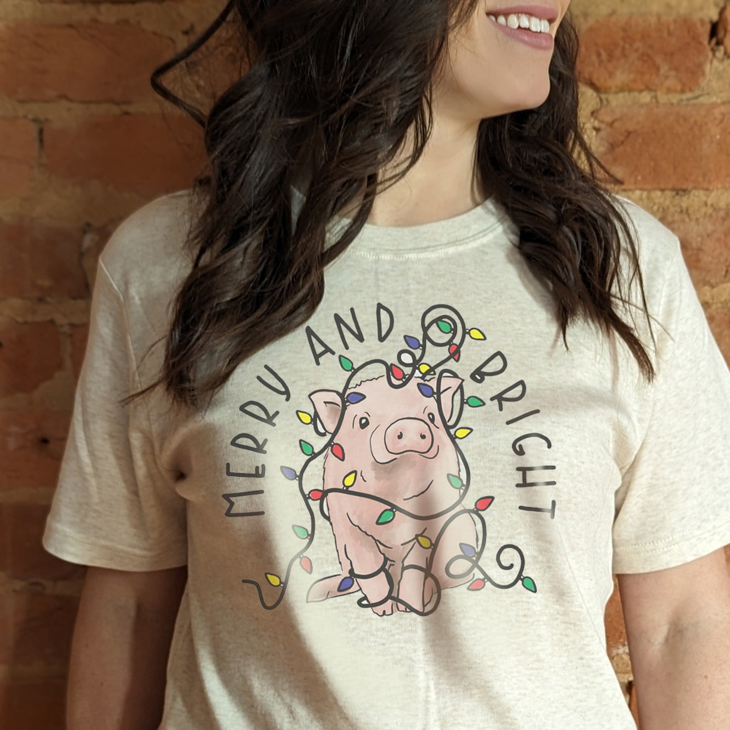 "Merry & Bright" Pig Country Western Christmas Mommy & Me ADULT Shirt