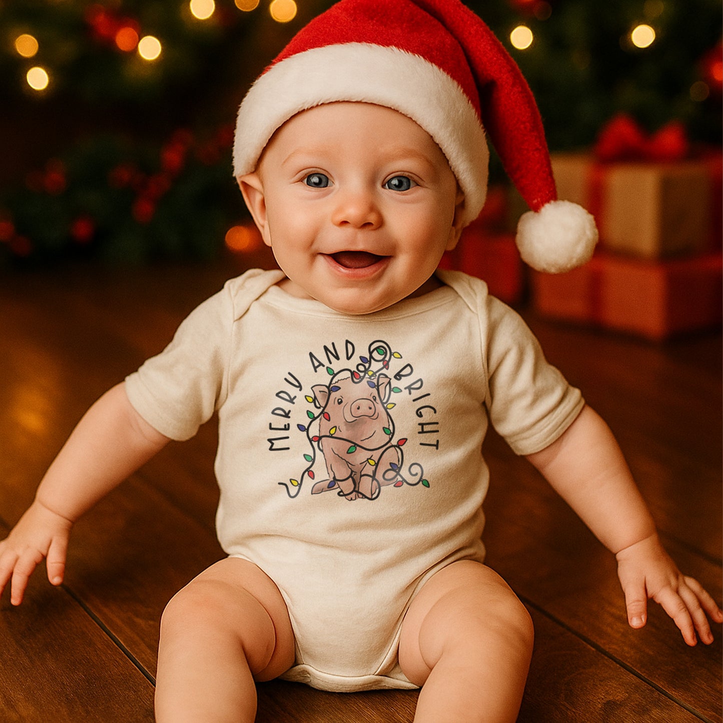 "Merry & Bright" Pig Country Western Farm Baby Body Suit