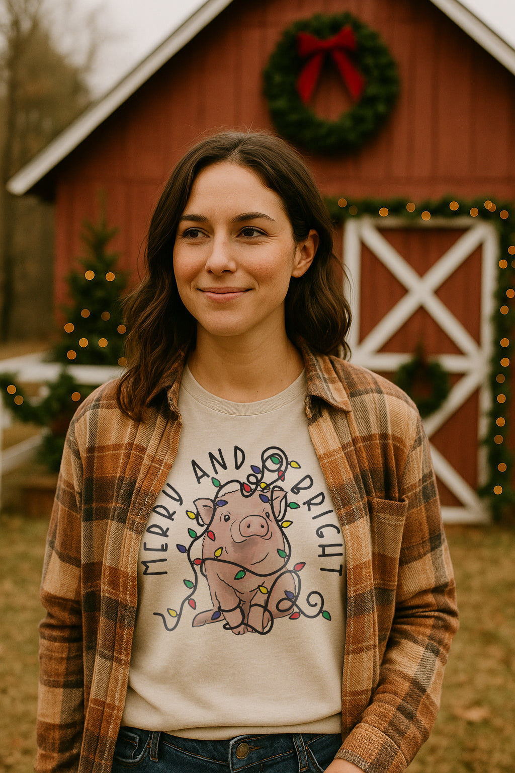 "Merry & Bright" Pig Country Western Christmas Mommy & Me ADULT Shirt