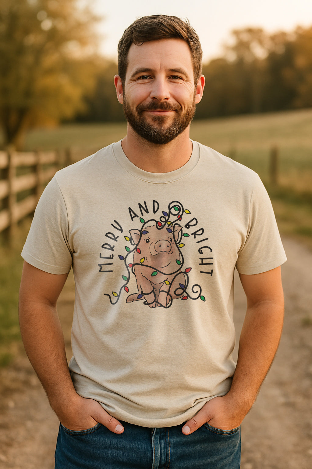"Merry & Bright" Pig Country Western Christmas Mommy & Me ADULT Shirt