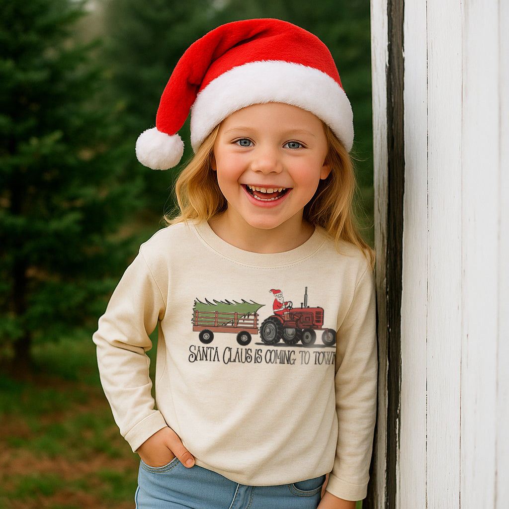 "Santa Claus is coming to town" Country Western Tractor Kid Long Sleeve tee