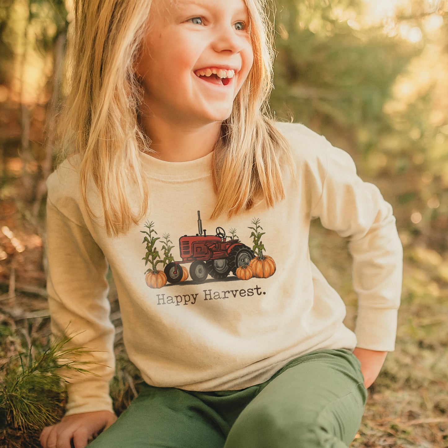 "Happy Harvest" Red Tractor Long Sleeve Tee for Kids