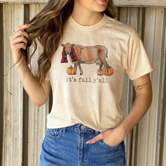 Adult "It's fall y'all" Cow Long or Short Sleeve Shirt
