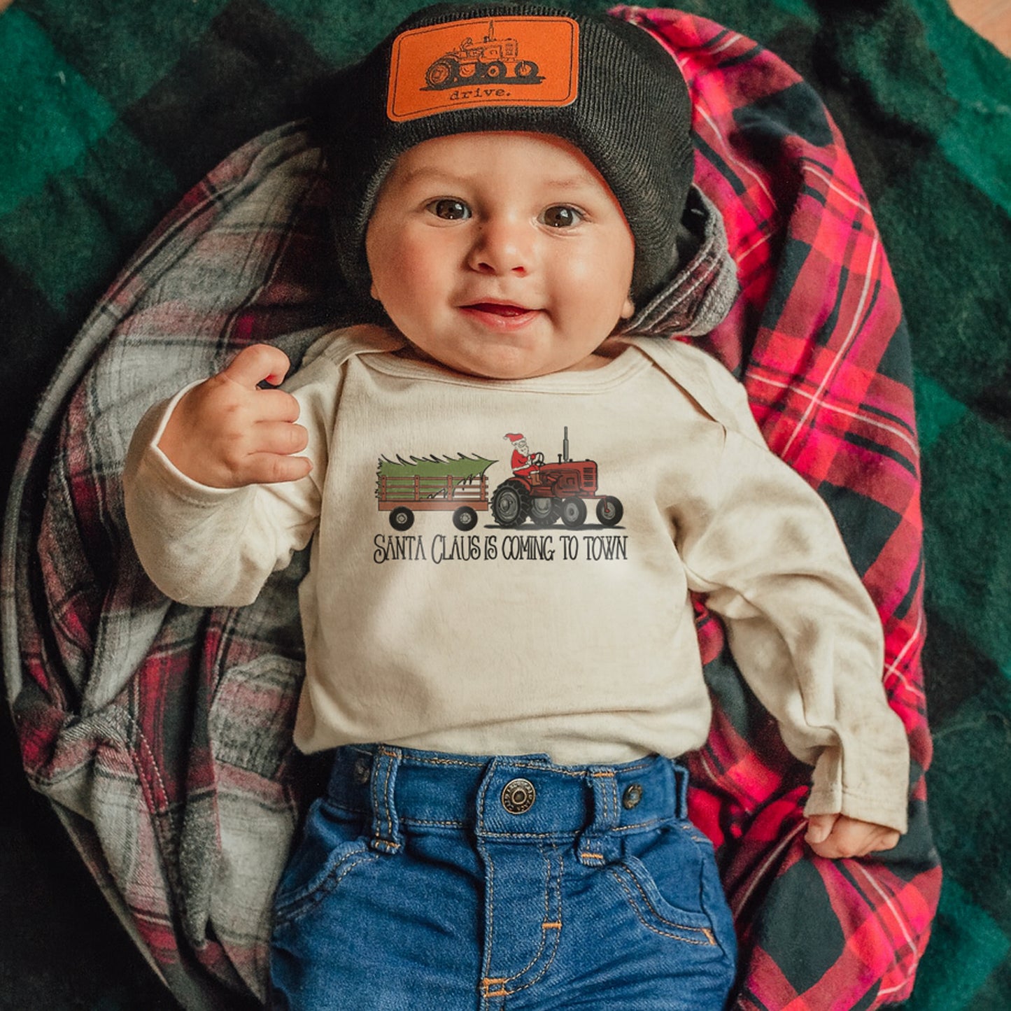 "Santa Claus is coming to town" Country Western Tractor Baby Body Suit