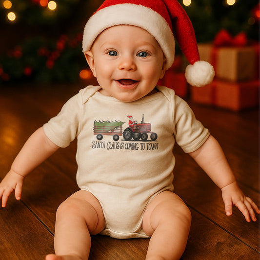 "Santa Claus is coming to town" Country Western Tractor Baby Body Suit
