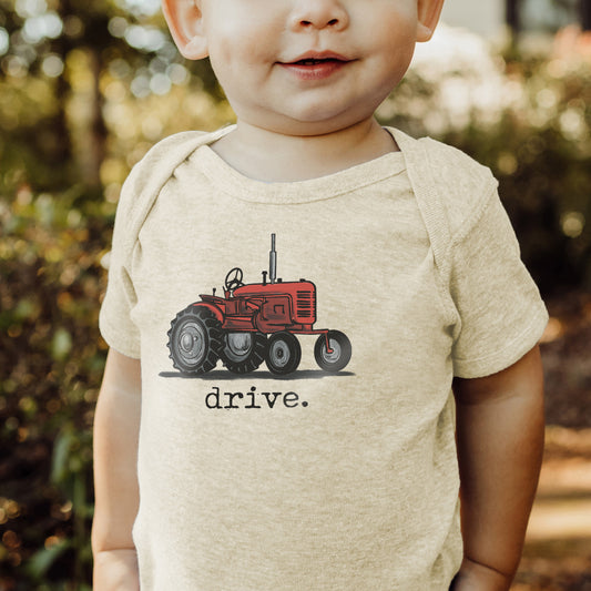 "Drive" Red Tractor Beige Baby Body suit