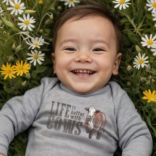 "Life is better with cows" Grey Baby Body Suit | Western Line