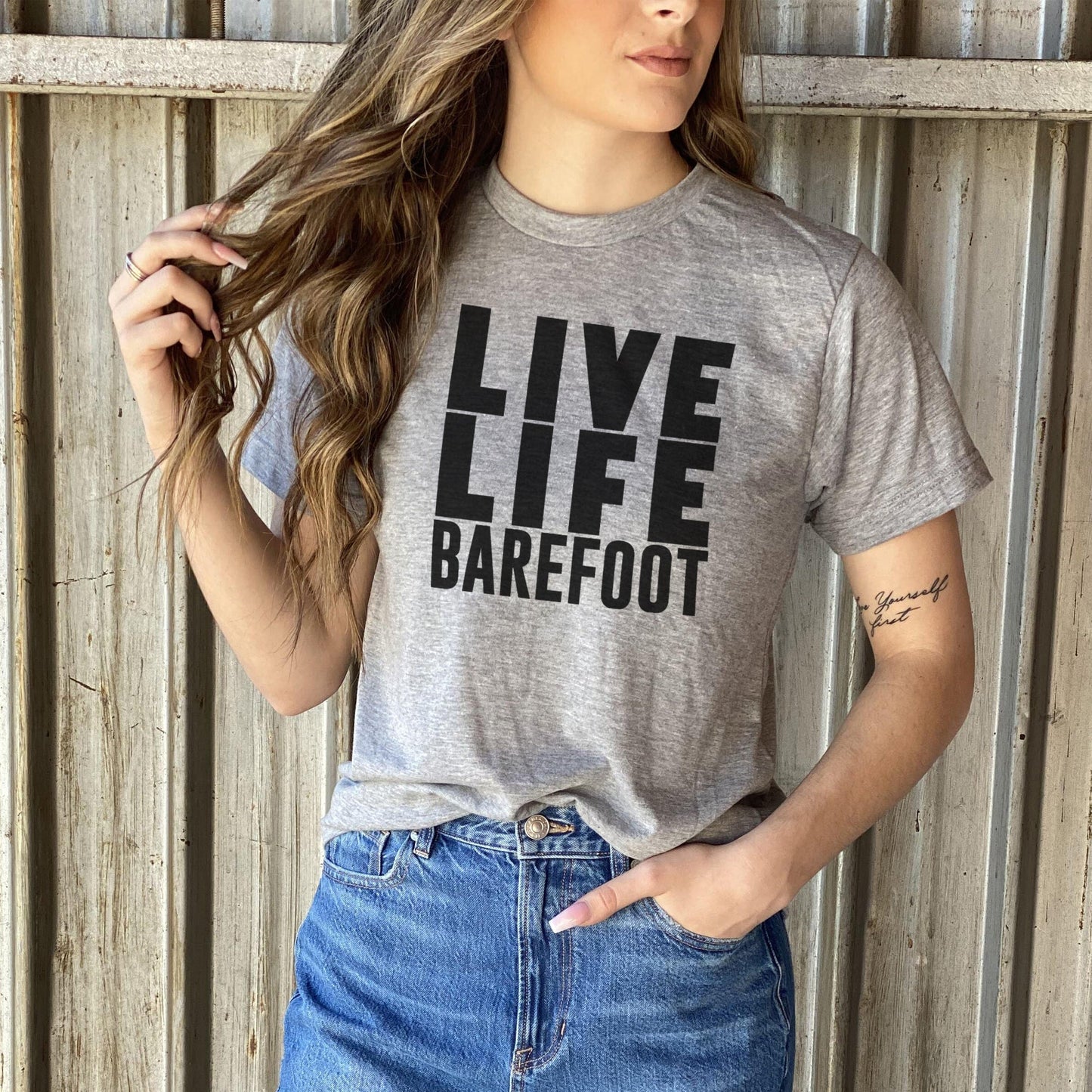 ADULT SIZE "Live Life Barefoot" Grey T-shirt