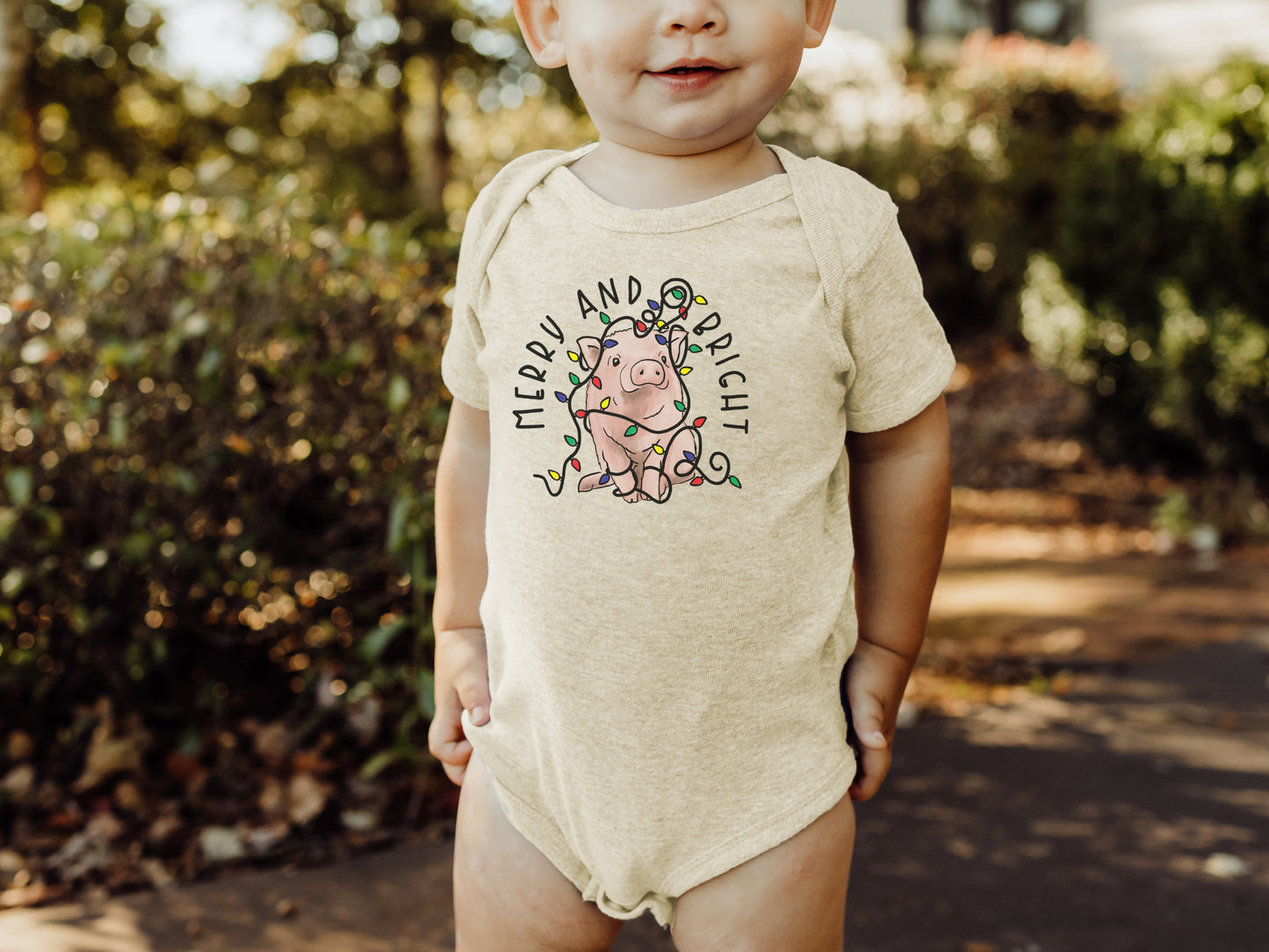 "Merry & Bright" Pig Country Western Farm Baby Body Suit