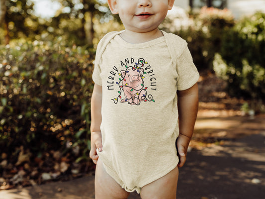 "Merry & Bright" Pig Country Western Farm Baby Body Suit