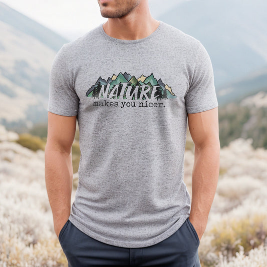 "Nature Makes you Nicer" Grey Adult Hiking Tee