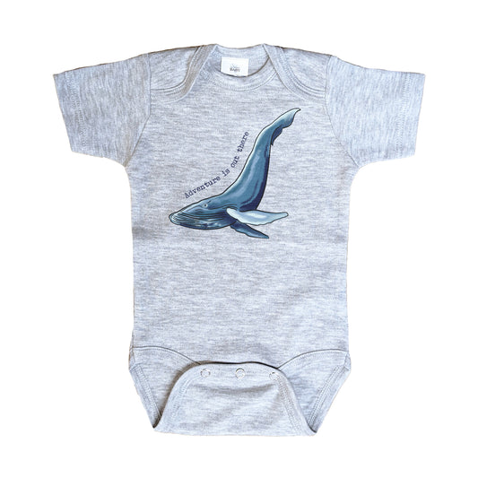 "Adventure is out there" WHALE Ocean Beach Grey Baby Body Suit
