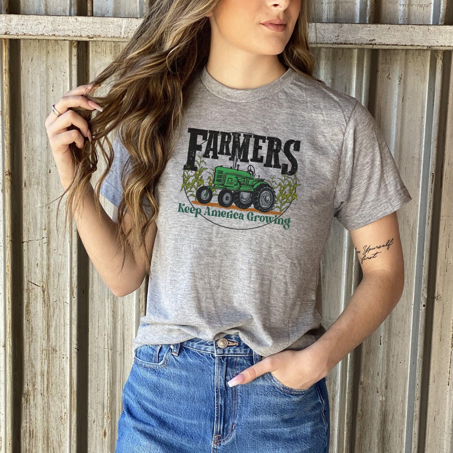 ADULT SIZE "Farmers Keep America Growing" Grey T-shirt with Green Tractor