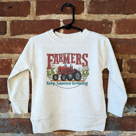 "Farmers keep America growing" Beige Toddler/Youth Long Sleeve shirt, Red tractor