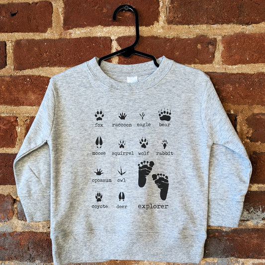"Explorer" Woodland animal Paw Prints Long Sleeve Grey shirt