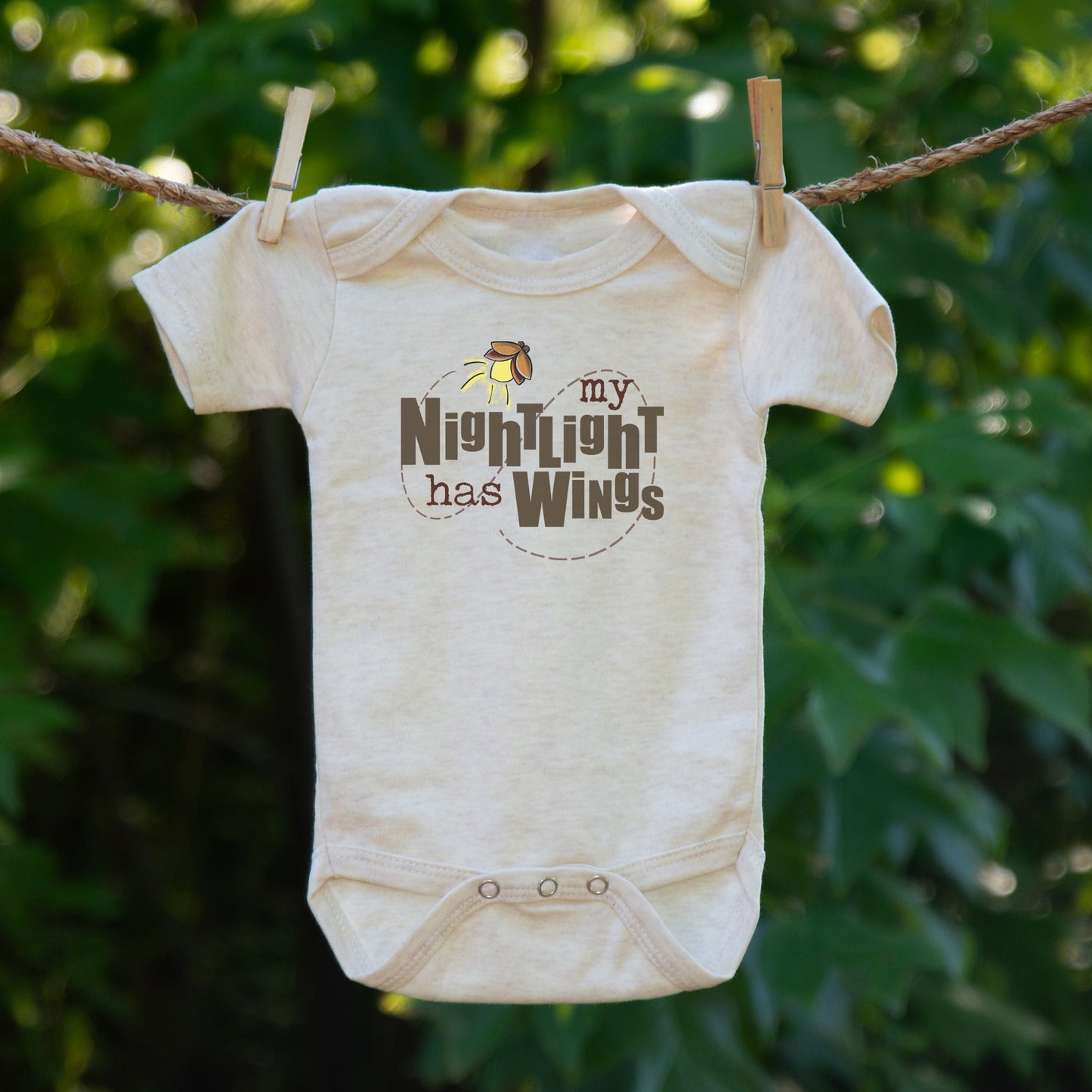 "My Nightlight has Wings" Beige Camping Baby Body Suit